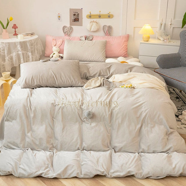 Pink White Bunny Rabbit Girls Crystal Velvet Kids Duvet Cover Set, Fleece Fabric Bedding Set