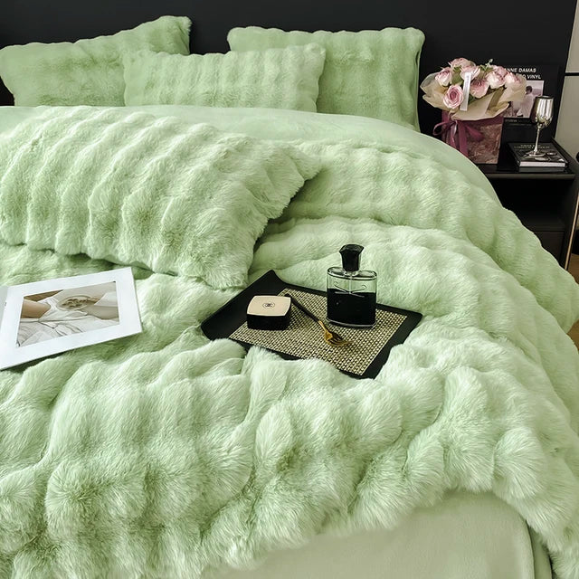 Premium Gradient Fur Autumn Winter Plush Cozy Duvet Cover Bedding Set