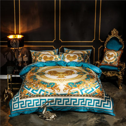 White Gold European Luxury Baroque Thick Duvet Cover Set, Velvet Fleece Fabric Bedding Set