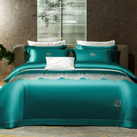 Thumbnail for Luxury Blue Turquoise Relax Embroidered Linen Duvet Cover Set, 1000TC Egyptian Cotton Bedding Set