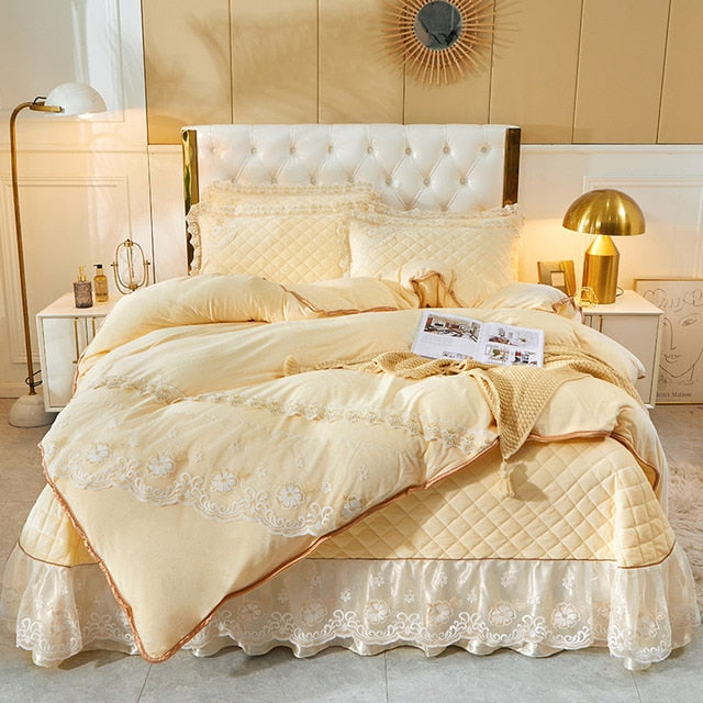 Luxury Yellow Pink Warm Velvet Fleece Lace Ruffles Quilted Bedspread Bedding Set