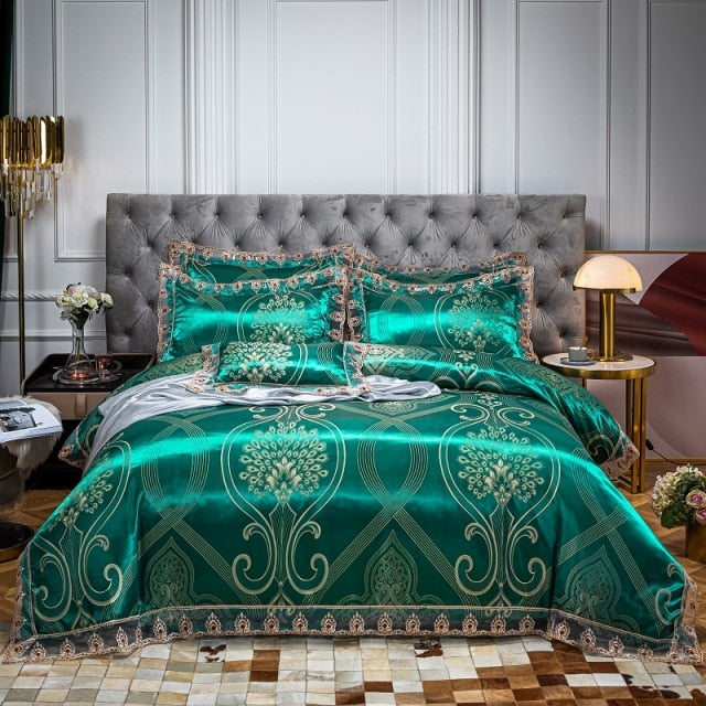 Gold Green Satin Jacquard Very Soft Silky Duvet Cover Bedding Set