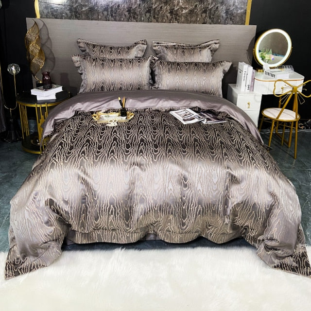 Luxury Black Gold Jacquard Silky Duvet Cover Set, Egyptian Cotton 1200TC Bedding Set