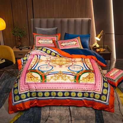 Luxury Horse Blue Gold European Baroque Linen Duvet Cover Set, Coral Velvet Fleece Bedding Set