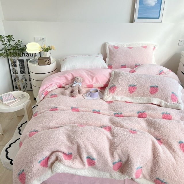 Pink Blue Heart Polka Dot Velvet Duvet Cover Set, Fleece Fabric Bedding Set