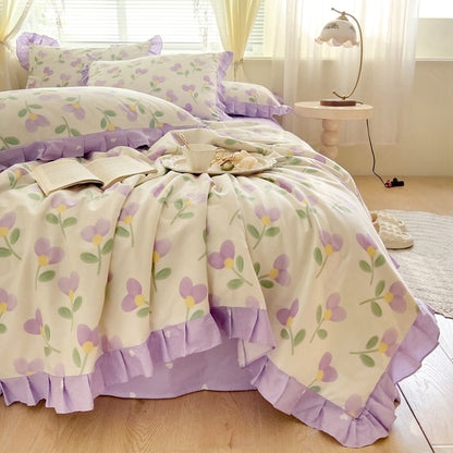 Green French Floral Ruffle Cotton Romantic Duvet Cover Bedding Set