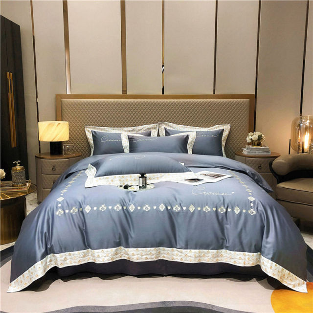 Luxury Grey Gold Europe Embroidered Wedding Hotel Grade Duvet Cover Set, 1000TC Egyptian Cotton Bedding Set