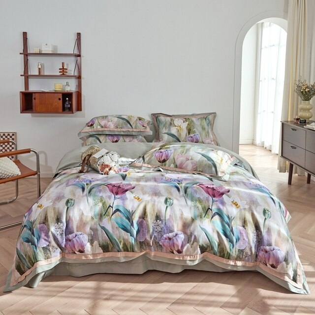 Nature Vintage Oil Painting Flowers Luxury Silky Duvet Cover, Egyptian Cotton 1000TC Bedding Set