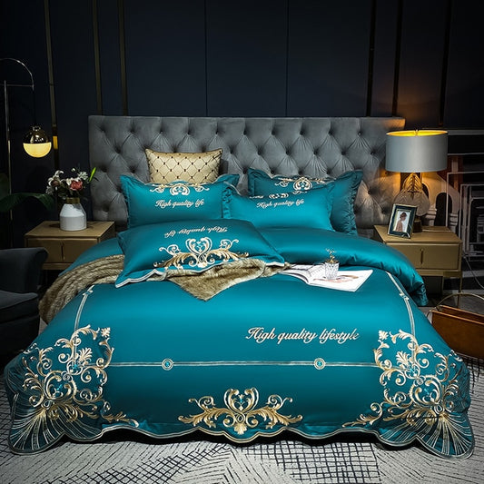 Luxury Gold Emerald European Embroidered Soft Duvet Cover Set, 600TC Egyptian Cotton Bedding Set