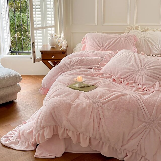 Cream Pink Love Heart Twisted Flower Fur Velvet Fleece Girls Child Duvet Cover Bedding Set