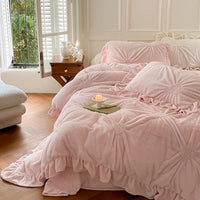Thumbnail for Cream Pink Love Heart Twisted Flower Fur Velvet Fleece Girls Child Duvet Cover Bedding Set