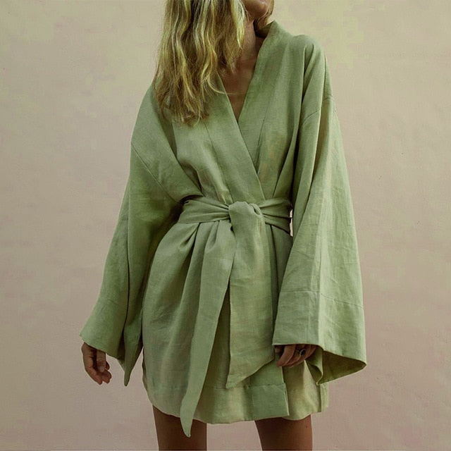 Green White V Neck Kimono Robes Cardigan Cotton Linen Long Sleeve Sleepwear