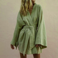 Thumbnail for Green White V Neck Kimono Robes Cardigan Cotton Linen Long Sleeve Sleepwear