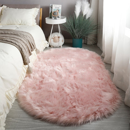 Grey Pink Oval Rug Soft Fluffy Carpet Bedside Living Room Bedroom Floor