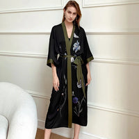 Thumbnail for Blue Green Nature Long Robe Nightgown Print Crane Flower Kimono Bathrobe Sleepwear