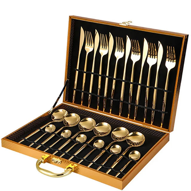 Golden Silver Stainless Knife Fork Spoon 24PCS Cutlery Set Tableware Dinnerware