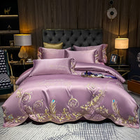 Thumbnail for Luxury White Gold Feather Peacock Soft Silky Embroidered Duvet Cover Set, 600TC Satin Silk Cotton Bedding Set
