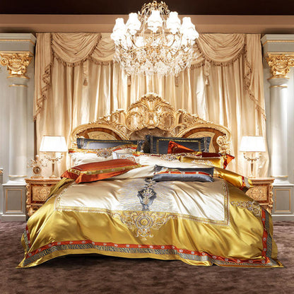 Luxury Gold Red Jacquard Palace Embroidered Duvet Cover Set, Silk Cotton 800 Thread Count Bedding Set